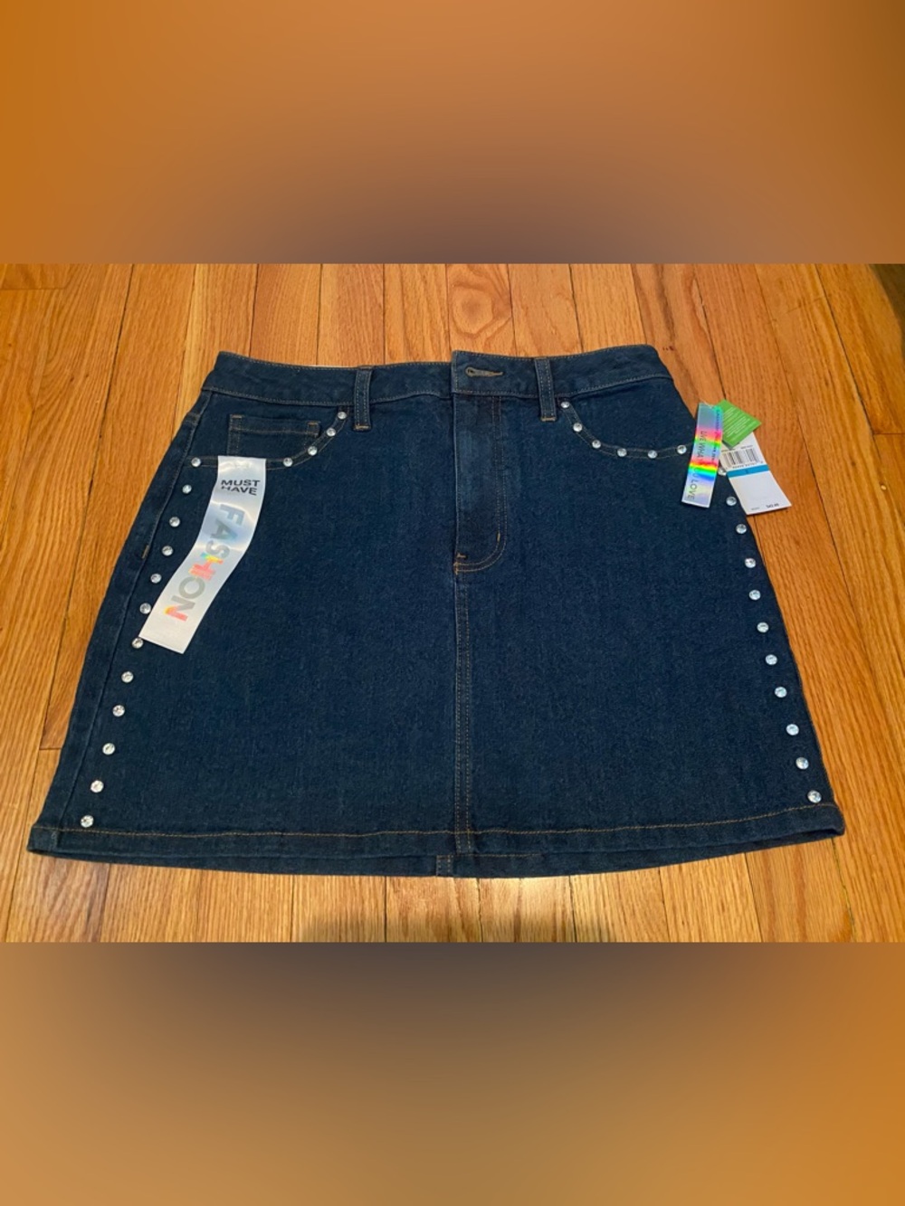 Dark Blue Denim Mini Skirt with Stud Detail
